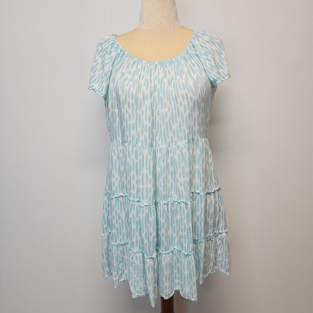 Salty Lemon Tiered Babydoll Dress Size L Blue White Abstract Ruffle Sleeve Rayon